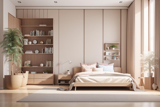 Dormitorio con estantería en diseño de tono de habitación suave en renderización 3D
