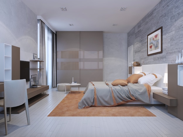 Dormitorio estilo art deco en colores grises con detalles en naranja