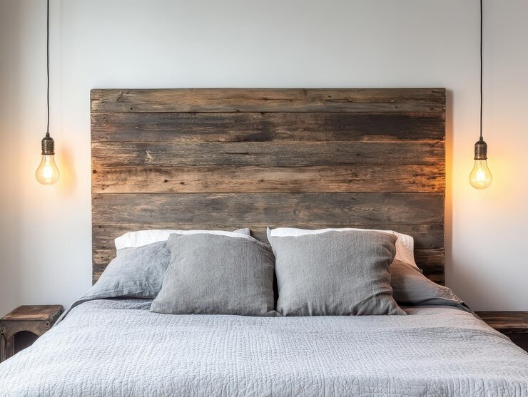 Dormitorio de estilo industrial de retiro urbano con cabecera de madera recuperada y iluminación con bombillas Edison