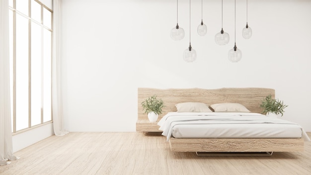 Dormitorio estilo minimalista japonés Pared blanca moderna y sala de piso de madera representación 3D minimalista