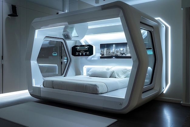 Un dormitorio futurista con una cama blanca La habitación está iluminada