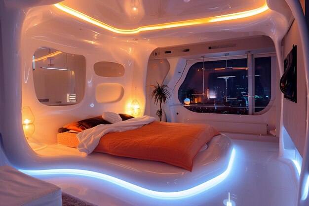 Un dormitorio futurista con una cama blanca La habitación está iluminada