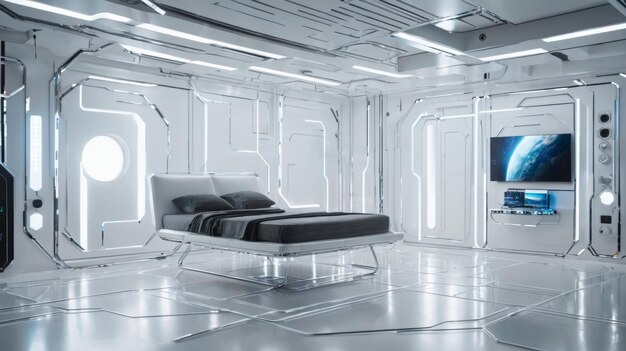 Dormitorio futurista con cama y TV