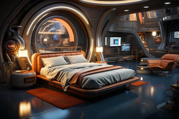 Dormitorio futurista con concepto art deco futurista