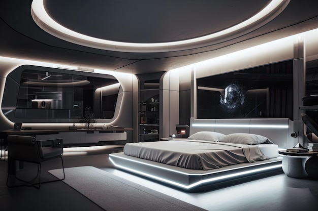 Dormitorio futurista con muebles elegantes y modernos, iluminación tranquila y un toque de acentos metálicos