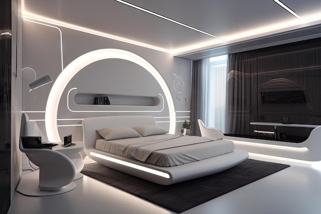 Dormitorio futurista con muebles elegantes y modernos, iluminación tranquila y un toque de acentos metálicos