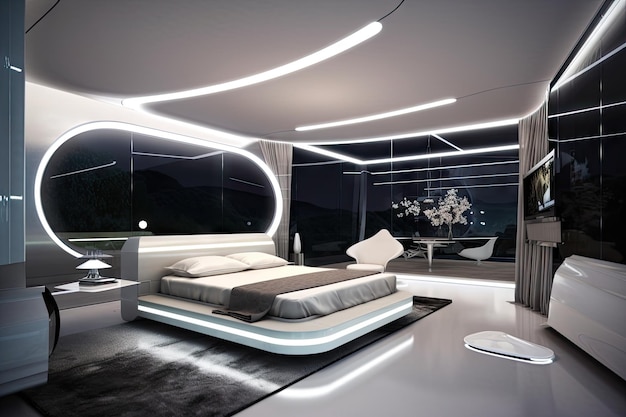 Dormitorio futurista con muebles elegantes y modernos, luces flotantes y paredes de vidrio.