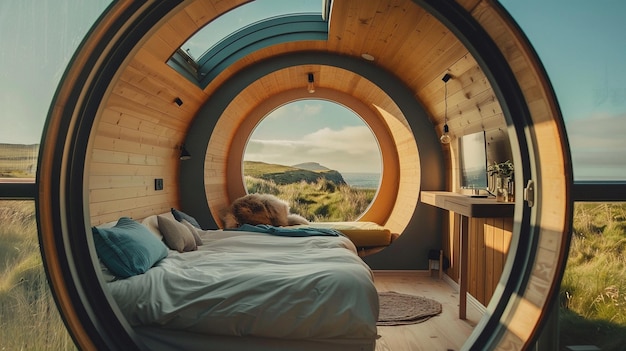 Dormitorio futurista en la naturaleza