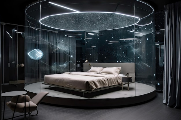 Dormitorio futurista con paredes transparentes estrellas visibles en el fondo