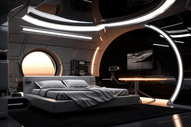 Dormitorio futurista con paredes transparentes y vistas al espacio exterior.