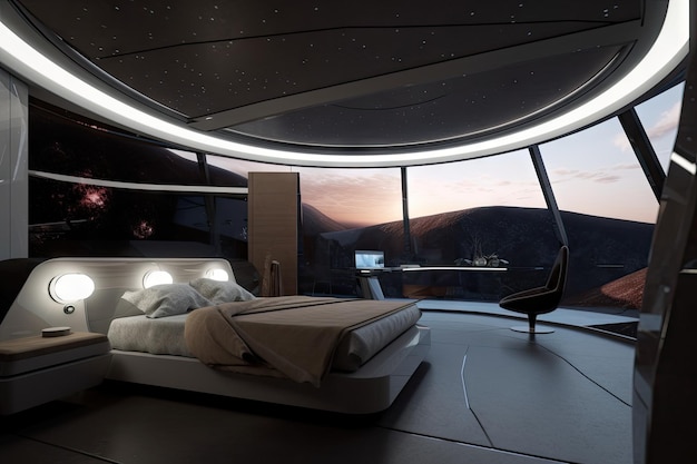 Dormitorio futurista con ventanas del piso al techo que muestran una fascinante vista de las estrellas y los planetas