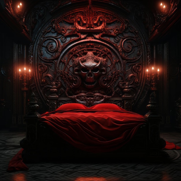 un dormitorio gótico con sábanas rojas y una calavera en la cama