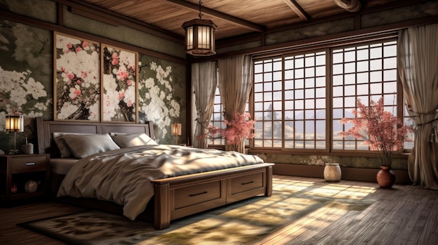 Un dormitorio con una gran ventana y una cama con un estampado floral.