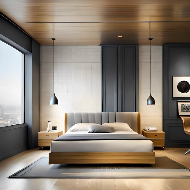 Un dormitorio con una gran ventana que tiene una imagen de un paisaje urbano.