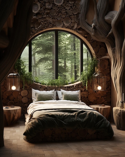 Foto un dormitorio con una gran ventana que tiene una vista del bosque.