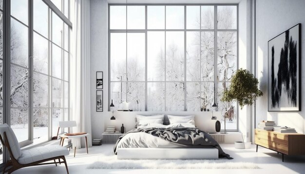 Un dormitorio con un gran ventanal y una cama con una manta blanca.