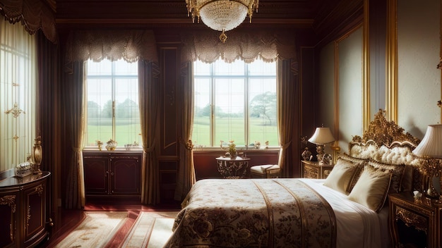 Un dormitorio con un gran ventanal que tiene vista al campo de golf.