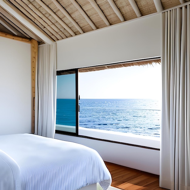 Un dormitorio con un gran ventanal que tiene vista al mar.