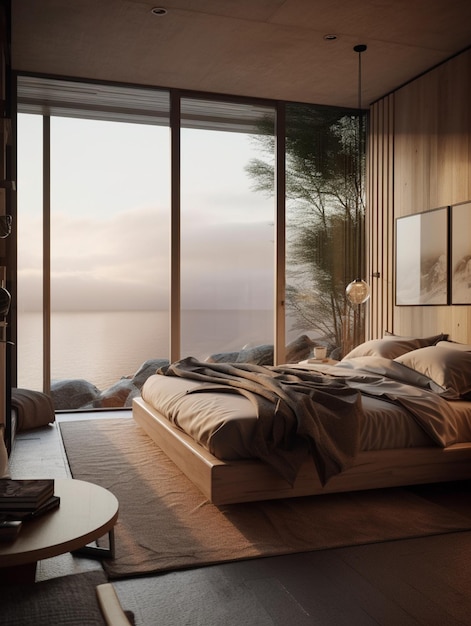 Un dormitorio con un gran ventanal que tiene vista al mar.