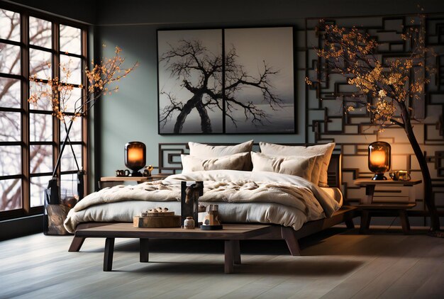 un dormitorio gris con colores oscuros y acentos negros