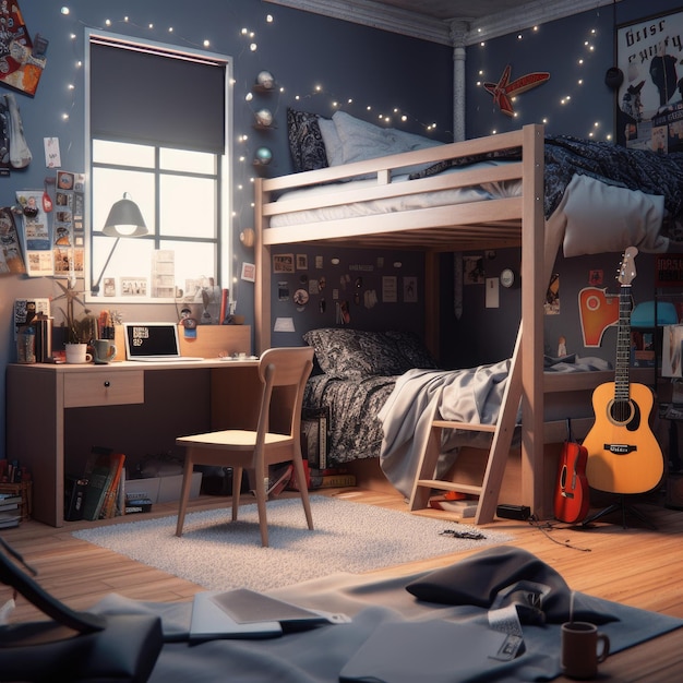 Un dormitorio con una guitarra en el suelo y un cartel que dice "la palabra".