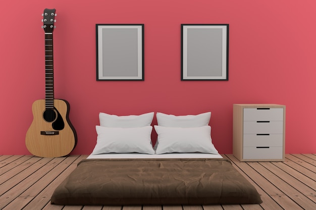 Dormitorio en habitación rosa con guitarra acústica en representación 3D