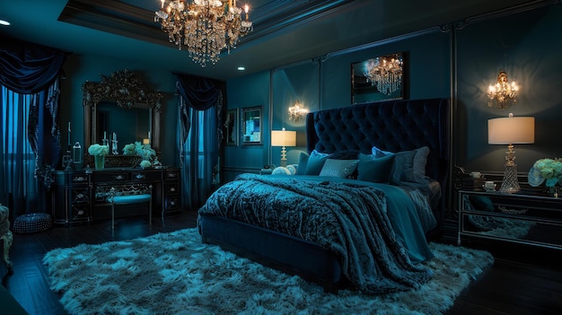 Un dormitorio de hermoso estilo con tonos azules marinos profundos complementados por acentos de lujo e iluminación ambiental para un retiro sereno