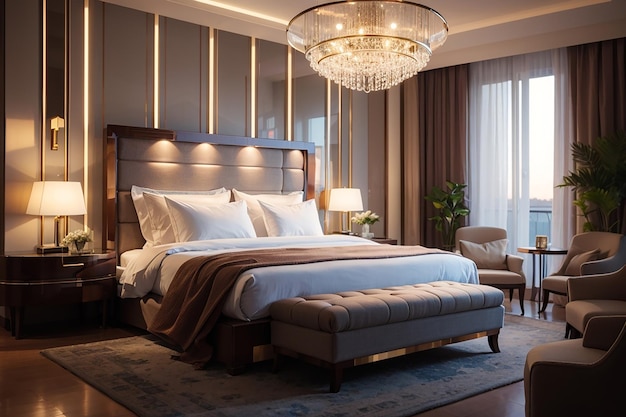 Dormitorio de hotel de lujo iluminado por lámparas modernas