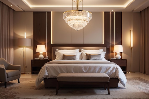 Dormitorio de hotel de lujo iluminado por lámparas modernas