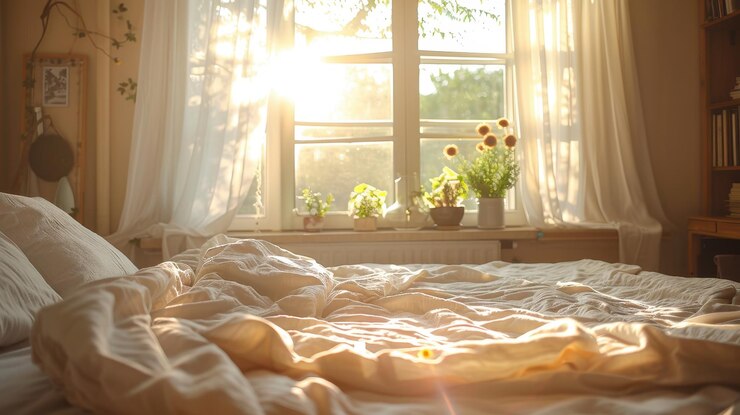 Un dormitorio iluminado por el sol con acogedora ropa de cama blanca y vibrantes plantas verdes para un espacio fresco y acogedor