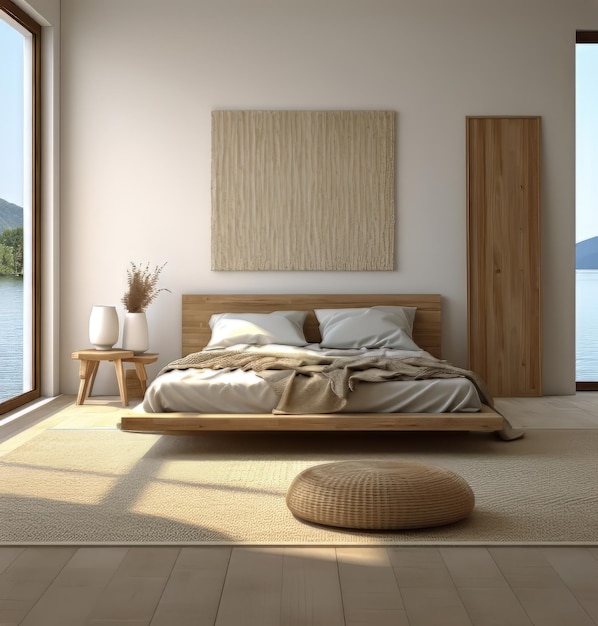 un dormitorio con una imagen de un lago y una imagen de una vista de la montaña