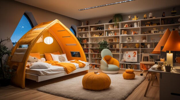 Foto un dormitorio infantil acogedor y creativo con una cama de teepee muchas estanterías y un suave esquema de color naranja