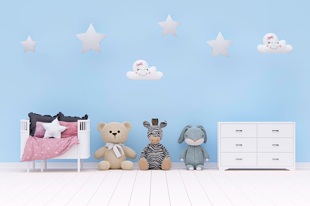 Dormitorio infantil con animales de peluche y decoración de paredes 3d rindió la ilustración