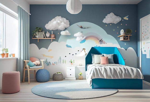 Un dormitorio infantil con una cama azul y una silla blanca con un mural de nubes en la pared.