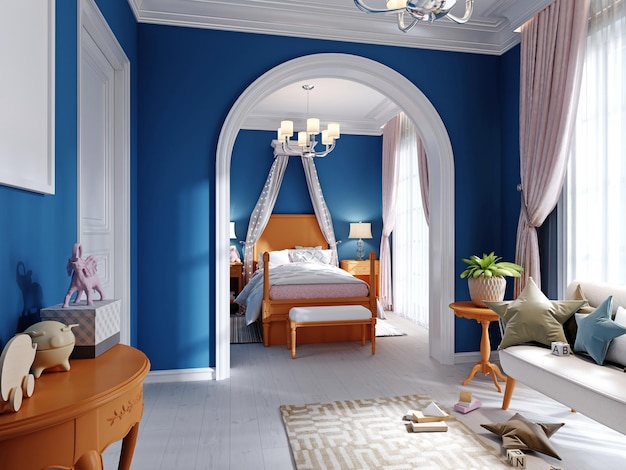 Dormitorio infantil con cama grande, ventana grande, mesitas de noche con libros, dosel encima de la cama, el color interior es pistacho, azul, rosa, coral desteñido. Representación 3D.