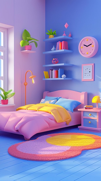 un dormitorio infantil con una cama rosa y una cama púrpura con un reloj en la pared renderización 3D de dibujos animados