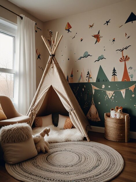 Un dormitorio infantil caprichoso con una pared mural lúdica una cama de estilo teepe y un animal caprichoso