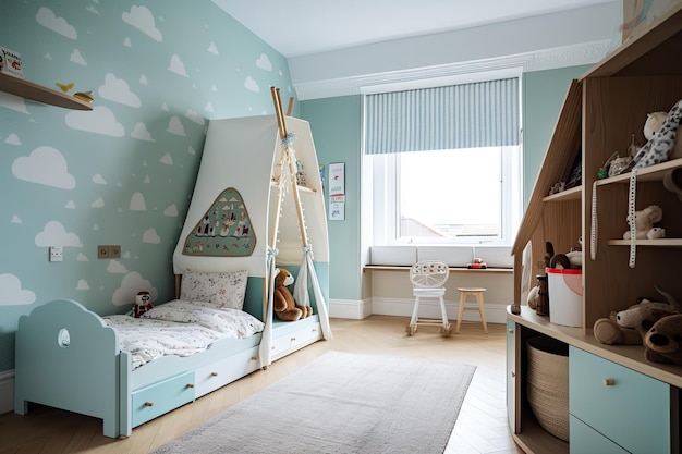 Foto dormitorio infantil con diseños divertidos y acentos caprichosos creados con inteligencia artificial generativa.