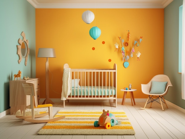 Un dormitorio infantil con un empapelado azul y amarillo que dice 'bebé'