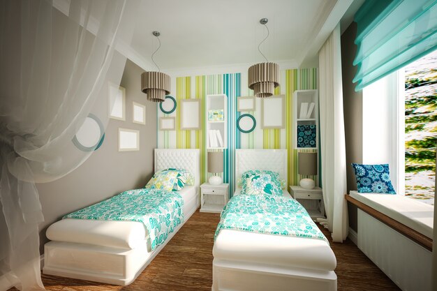 Dormitorio infantil interior en estilo moderno.