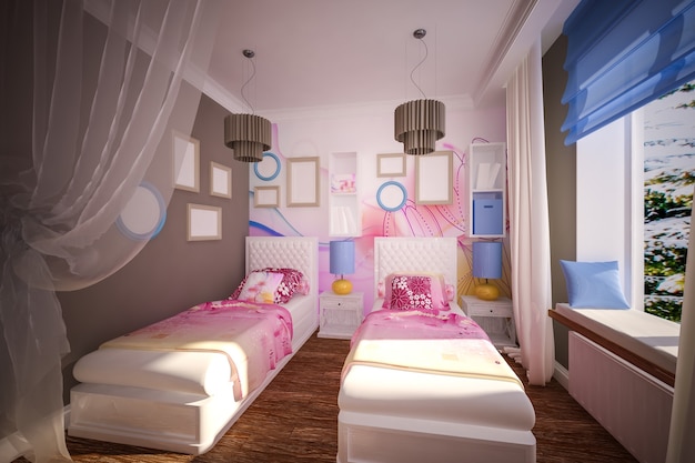 Dormitorio infantil interior en estilo moderno.