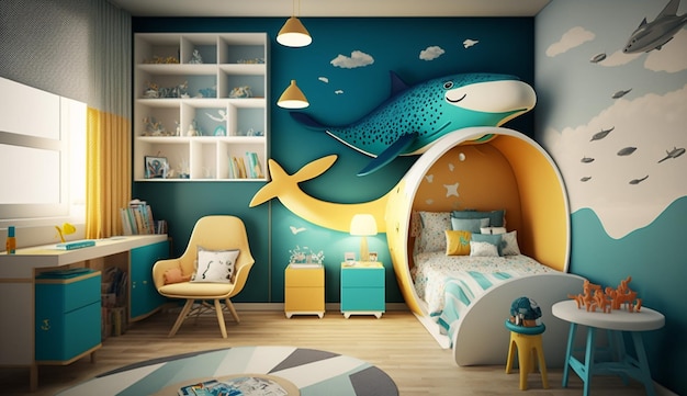 Un dormitorio infantil con un mural de ballenas en la pared.