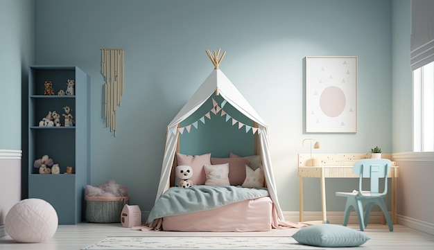 Un dormitorio infantil con una tienda de campaña tipi cama IA generativa