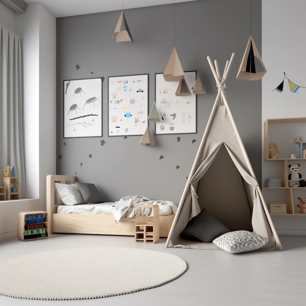 Dormitorio infantil con tienda tipi y estantería de madera para juguetes.