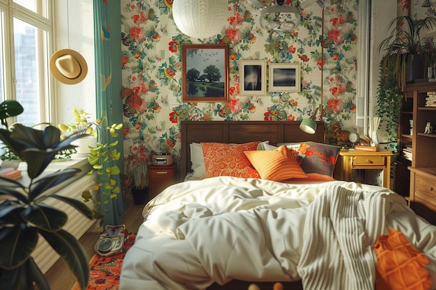 Dormitorio de inspiración retro con papel tapiz audaz y vino