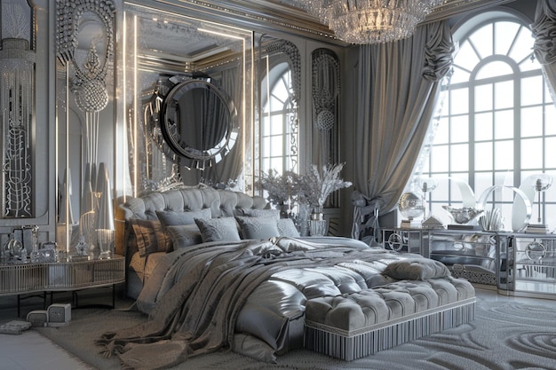 Dormitorio inspirado en el Regency de Hollywood con fu de espejo