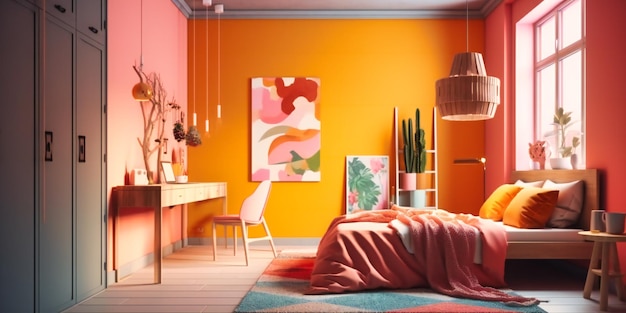 Dormitorio interior de colores brillantes