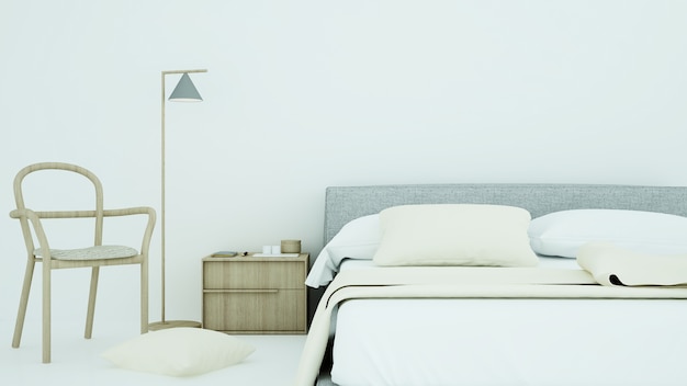 Dormitorio interior japonés estilo minimalista -3D representación decoración fondo blanco
