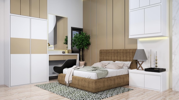 Dormitorio interior para niños con muebles de madera y HPL, interior de diseño de renderizado 3d