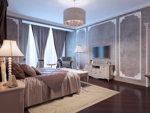 Dormitorio de invitados de estilo clásico con paredes con textura de color topo medio y parquet de madera de caoba